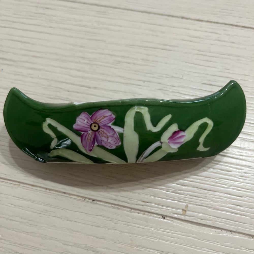 Vintage Hand painted Ceramic Canoe Toothpick or Jewelry Holder Green Purple 4.5”
